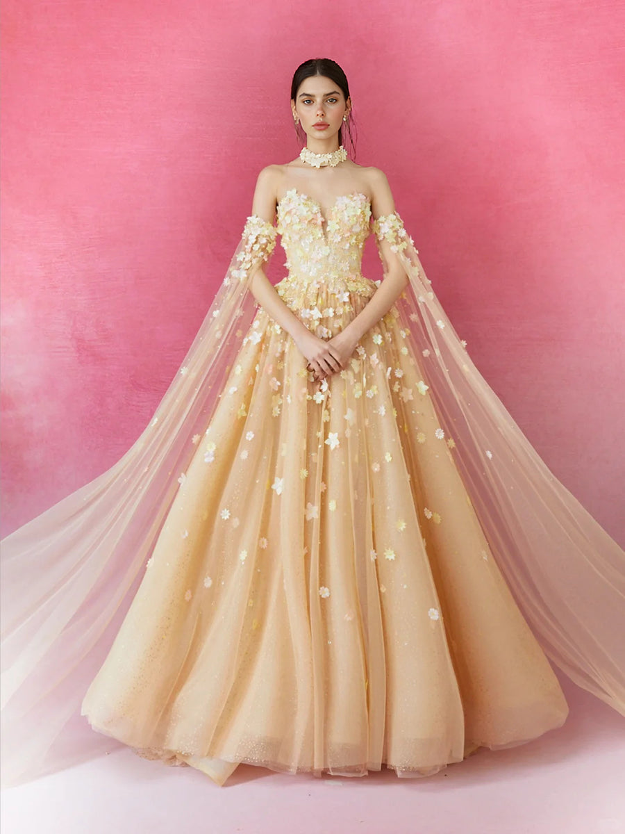 A Line Off Shoulder Evening Dress with  3D Floral Applique Prom Party Gown