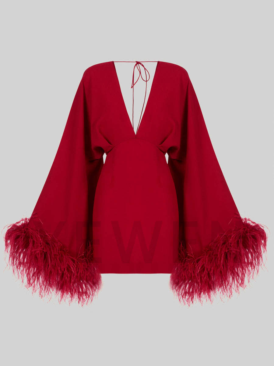 Women Sexy Double Deep V-Neck Long Sleeves With Feathers Mini Dress Gatsby Cocktail Club Party Dresses