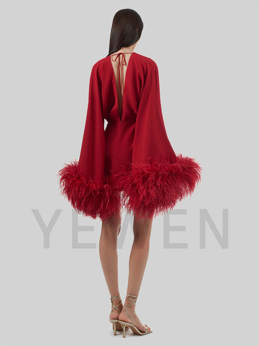 Women Sexy Double Deep V-Neck Long Sleeves With Feathers Mini Dress Gatsby Cocktail Club Party Dresses
