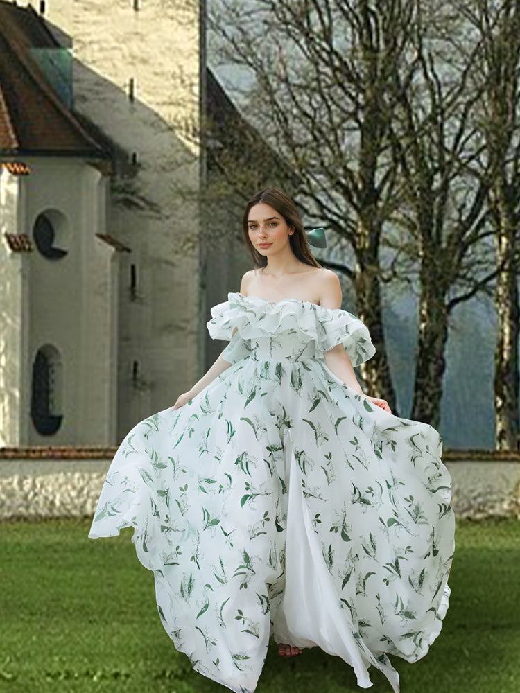Off Shoulder Floral Wedding Dress with Slit Long Train Fancy Photo Shoots Gown