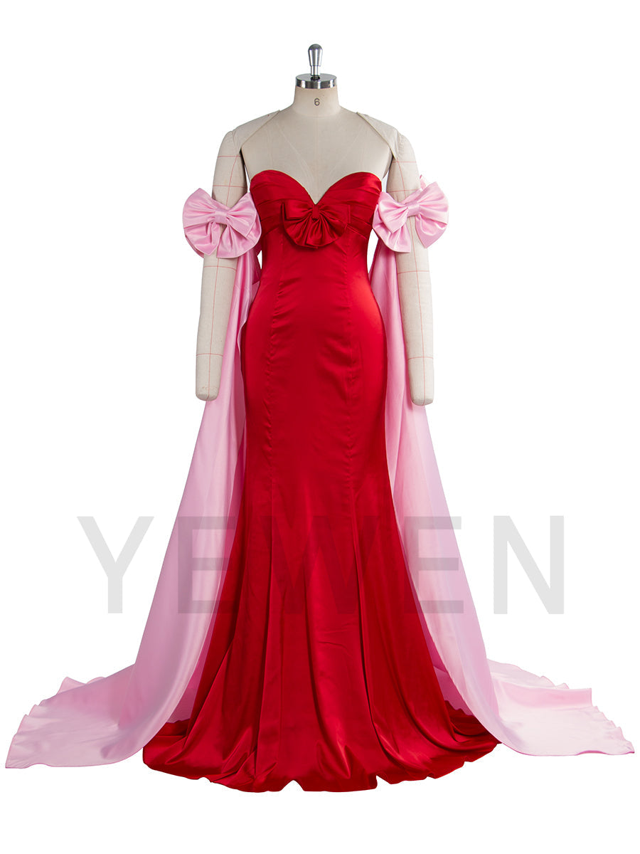 Elegant Satin Pink Cape With Red Bow Off Shoulder Prom Dresses uk LT003
