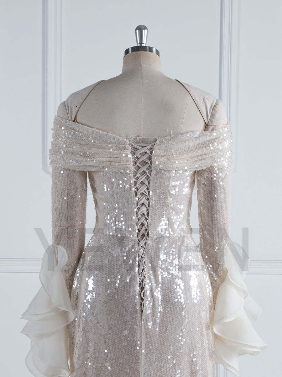 Fashion Shiny sequins Prom Party Dress Long sleeve Off Shoulder Asymmetrical Party Gown YW250020