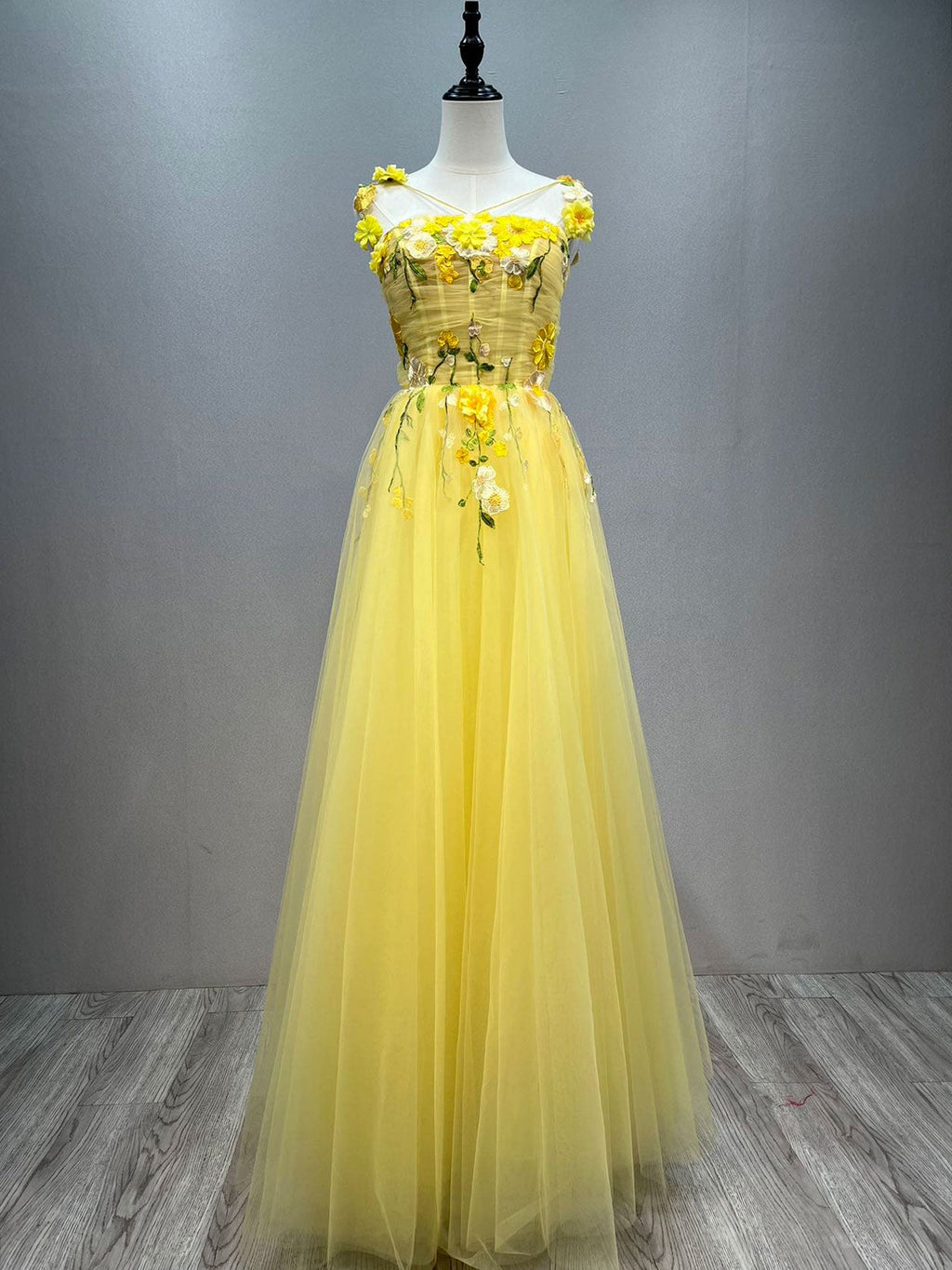 Yellow Prom Gown with Floral Lace Appliqué Fairy Girls Party Dresses YE3028
