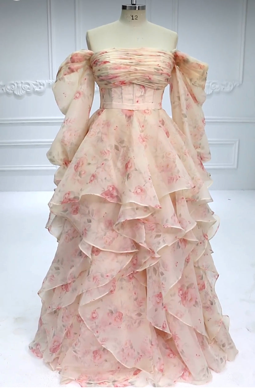 A Line Floor Length Printing Floral Prom Dress Photo Shoots Dress YW231125-2
