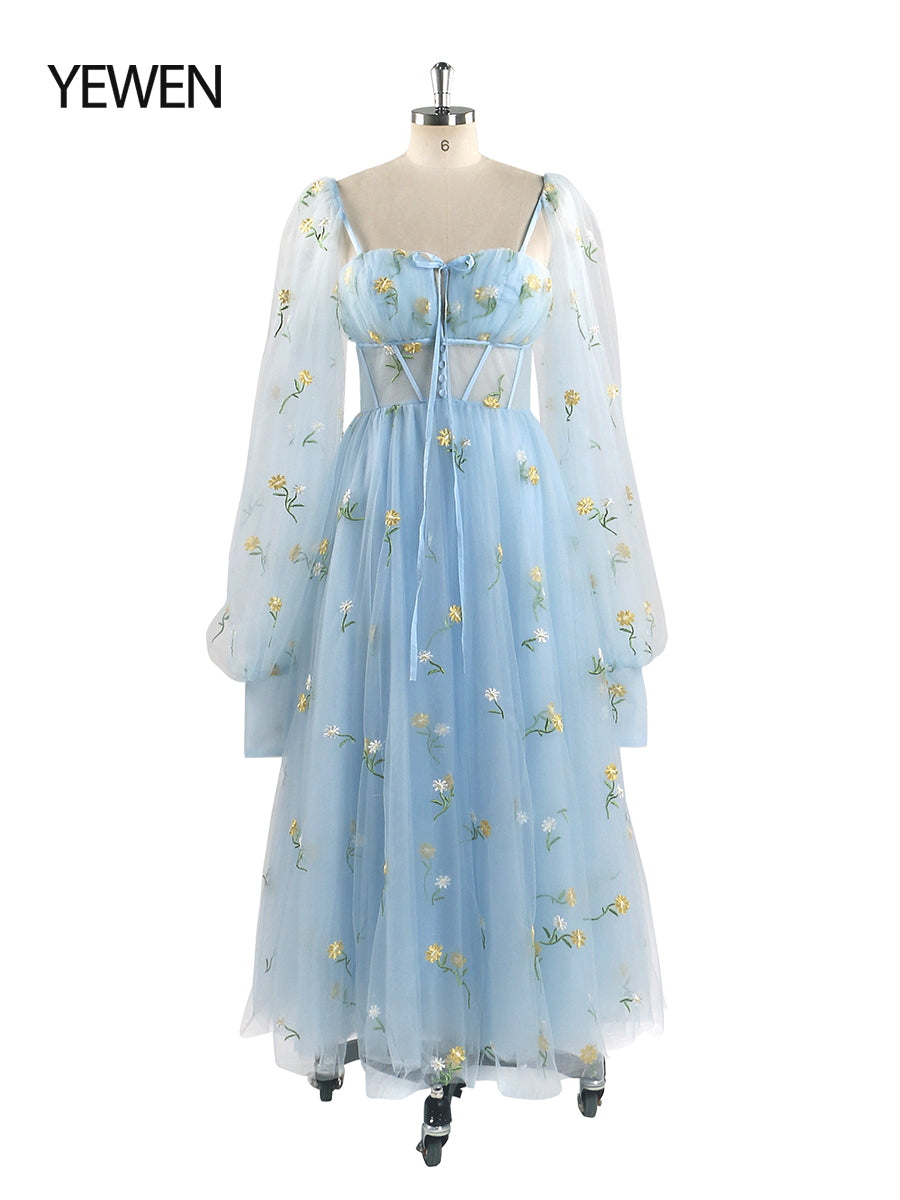 Embroidery Long Puffy Sleeve Tulle Tea Party Dresses YEWEN YW220323