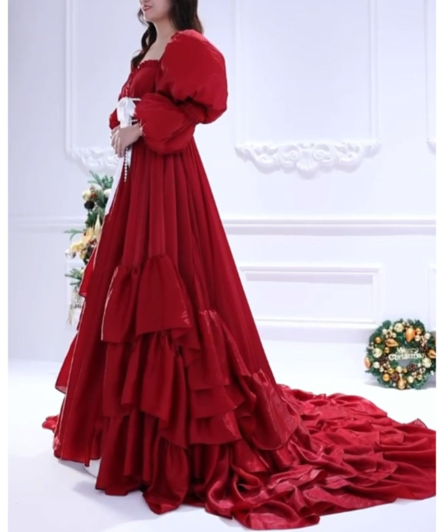 60cm Train Red Christmas Holiday Season Gown for Photo Shoot Elegant Prom Dress Photography Dress YW231116