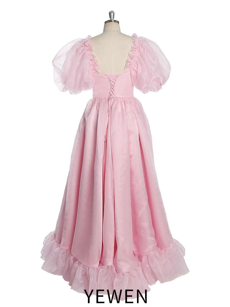Silk Soft Organza Puff Sleeve Pink Prom Dress Fancy Photo Shoots Dress Lace-Up Back YW231019