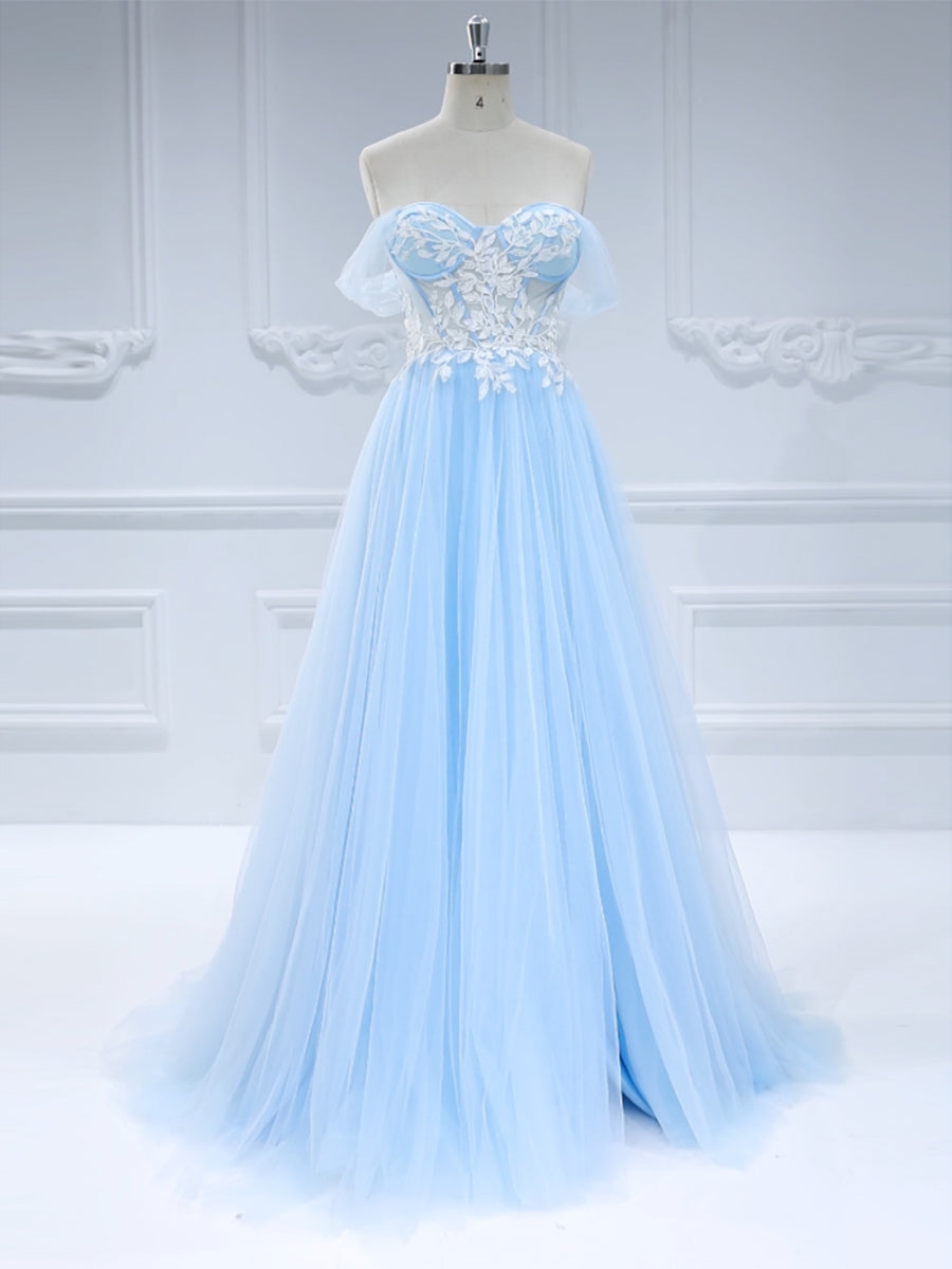 A-Line Blue Tulle Prom Dress Side Leg Split Floor-Length Photo Shoot Dress #17957