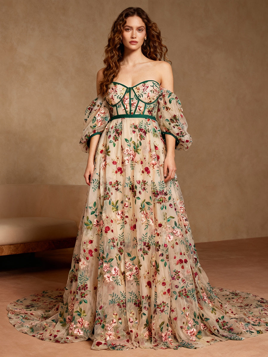 Elegant Embroidery Lace Floral Evening Gown Dress For Wedding YW240083