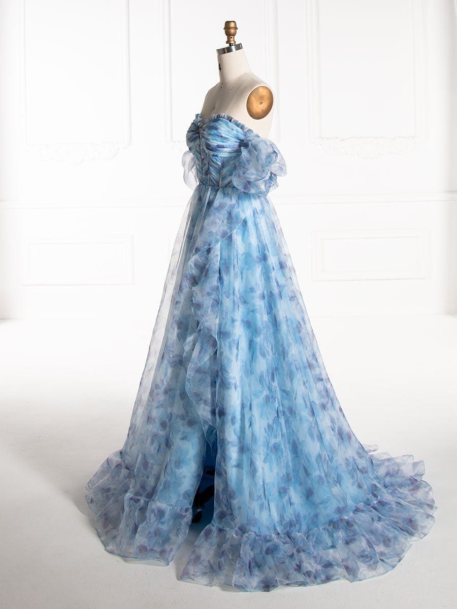 A-line Off The Shoulder Blue Floral Printed Prom Party Dress YE3008