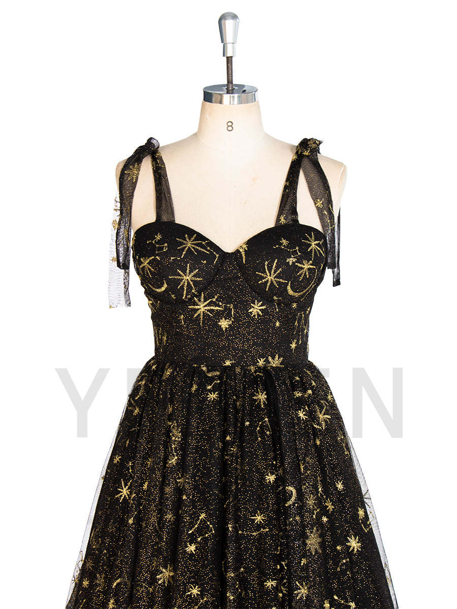 Black Tulle Embroidered Gold Stars Prom Dress High Leg Slit Party Gown W243137