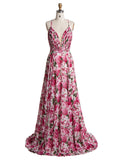 A Line V Neck Printed Prom Dresses Floor Length YE3003
