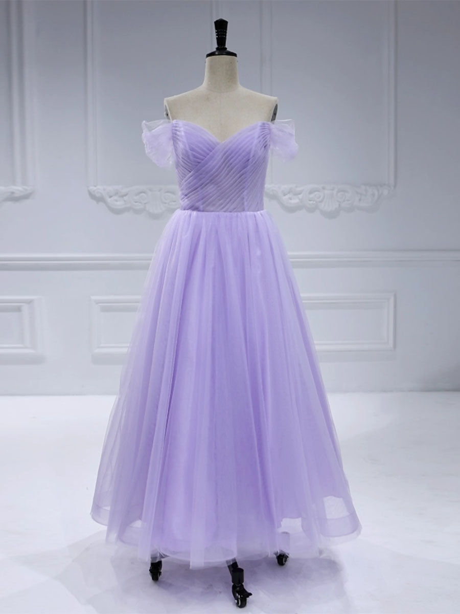 A-line Off the Shoulder Tulle Prom Dresses Ankle Length #16805
