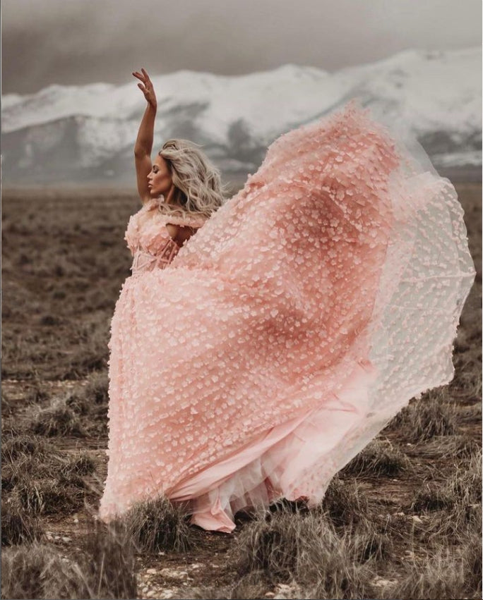 3D Flower Pink Flower Colord Wedding Dress Long Formal Dress Photo Shoot Dress YW221103