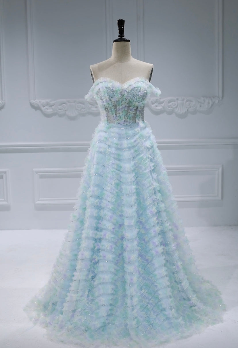 Elegant Gradient Color Tulle Corset Top Ruffles Prom Dress Photography Gown #0328