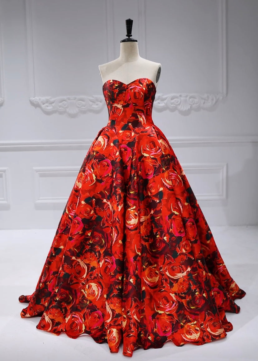 Sweetheart Neckline Floral Printed Satin Ball Gown Zipper Back #88075