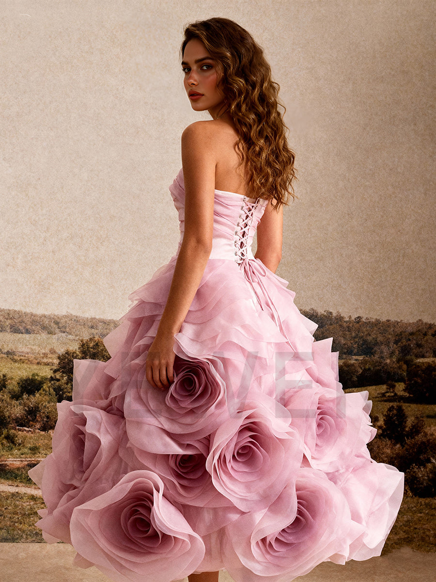 Strapless 3D Hand Rose Evening Dress Elegant Gown for Wedding Guest Party Dress