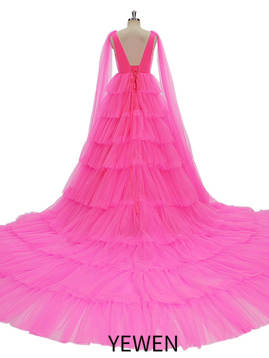 Layered  Long Train Wedding Dress Double V-Neck Ruffled Tiered Tulle Photo Shoot Gown YW231055