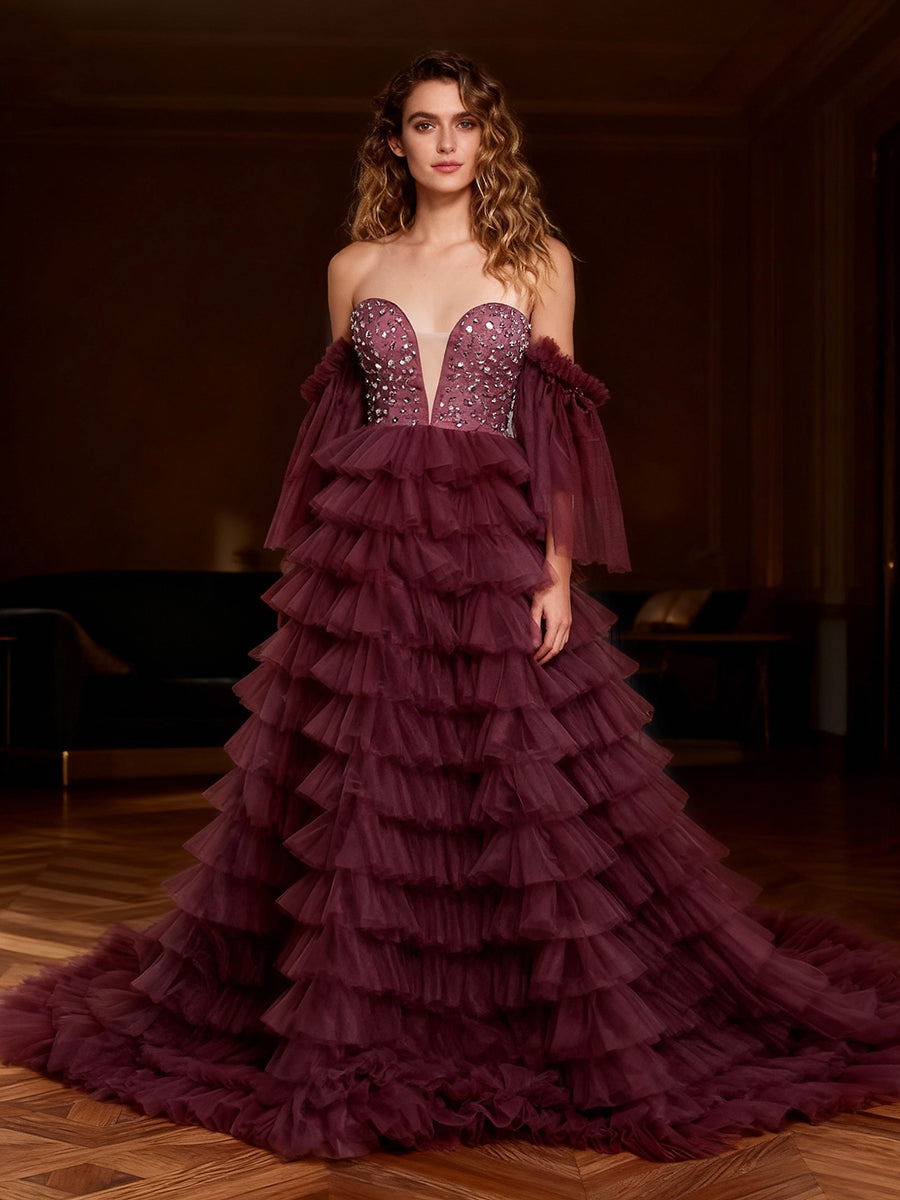 Crystal Beading Tulle Tiered Long Colorful Wedding Dress Photography Dresses YW220705