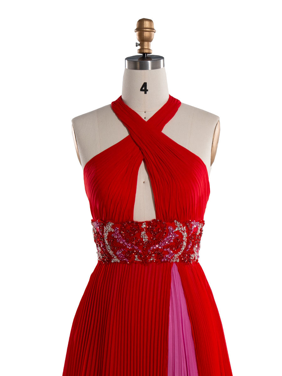 A line Backless Halter-Neck Red Pleated Long Prom Dress YE3020