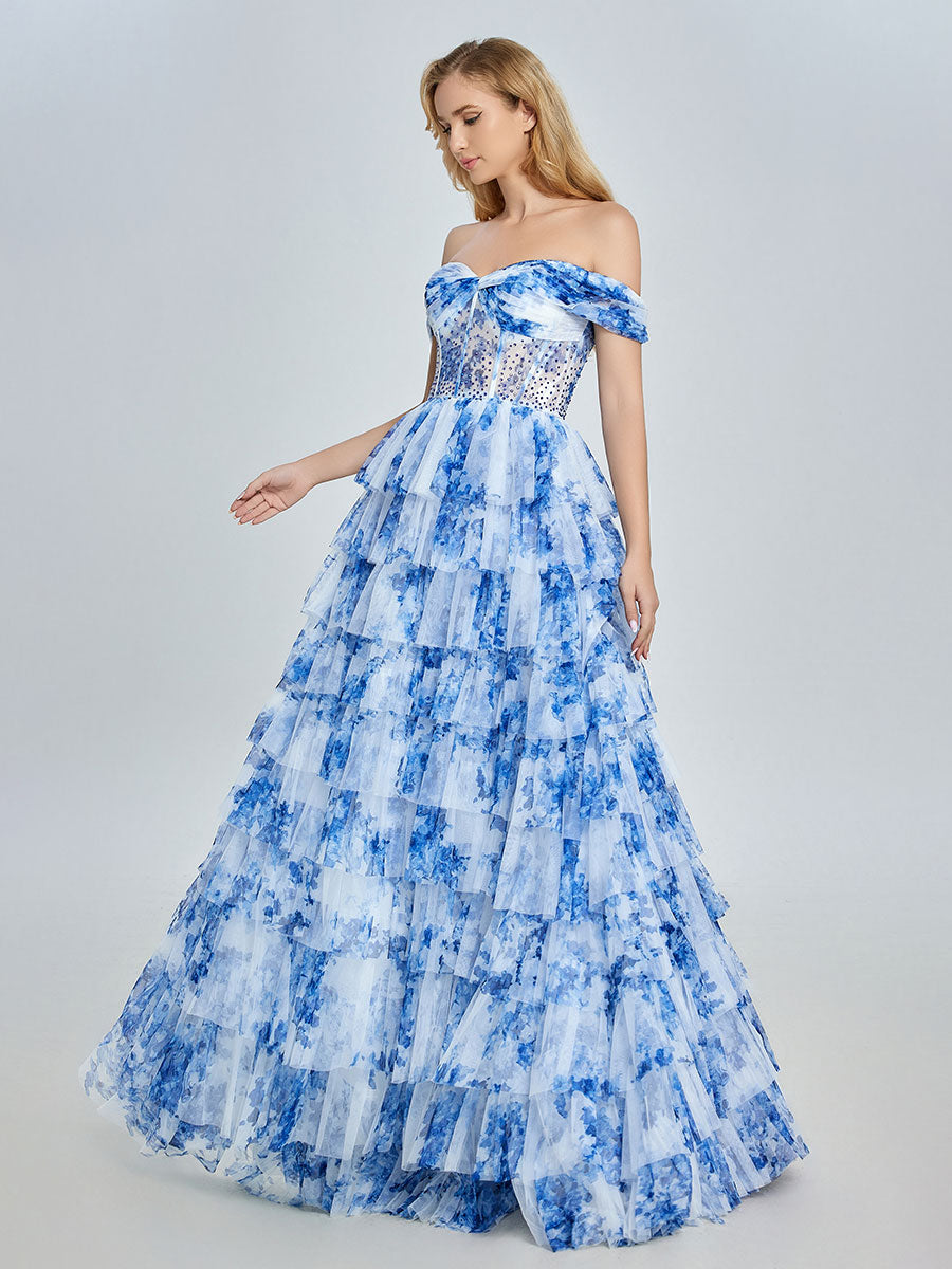 Blue Off-Shoulder Floral Tulle Gown Layered Prom Dress YE3025