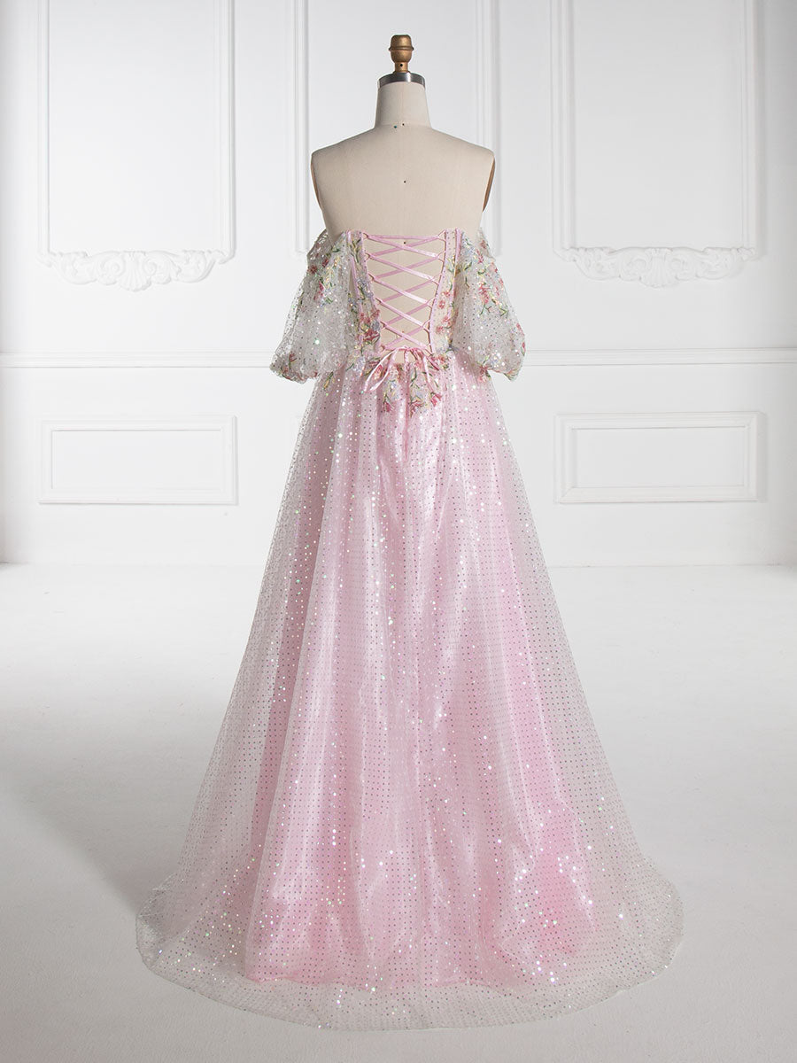 A-line Strapless Floor-Length Pink Sequin Prom Dresses With Embroidery Lace YE3002