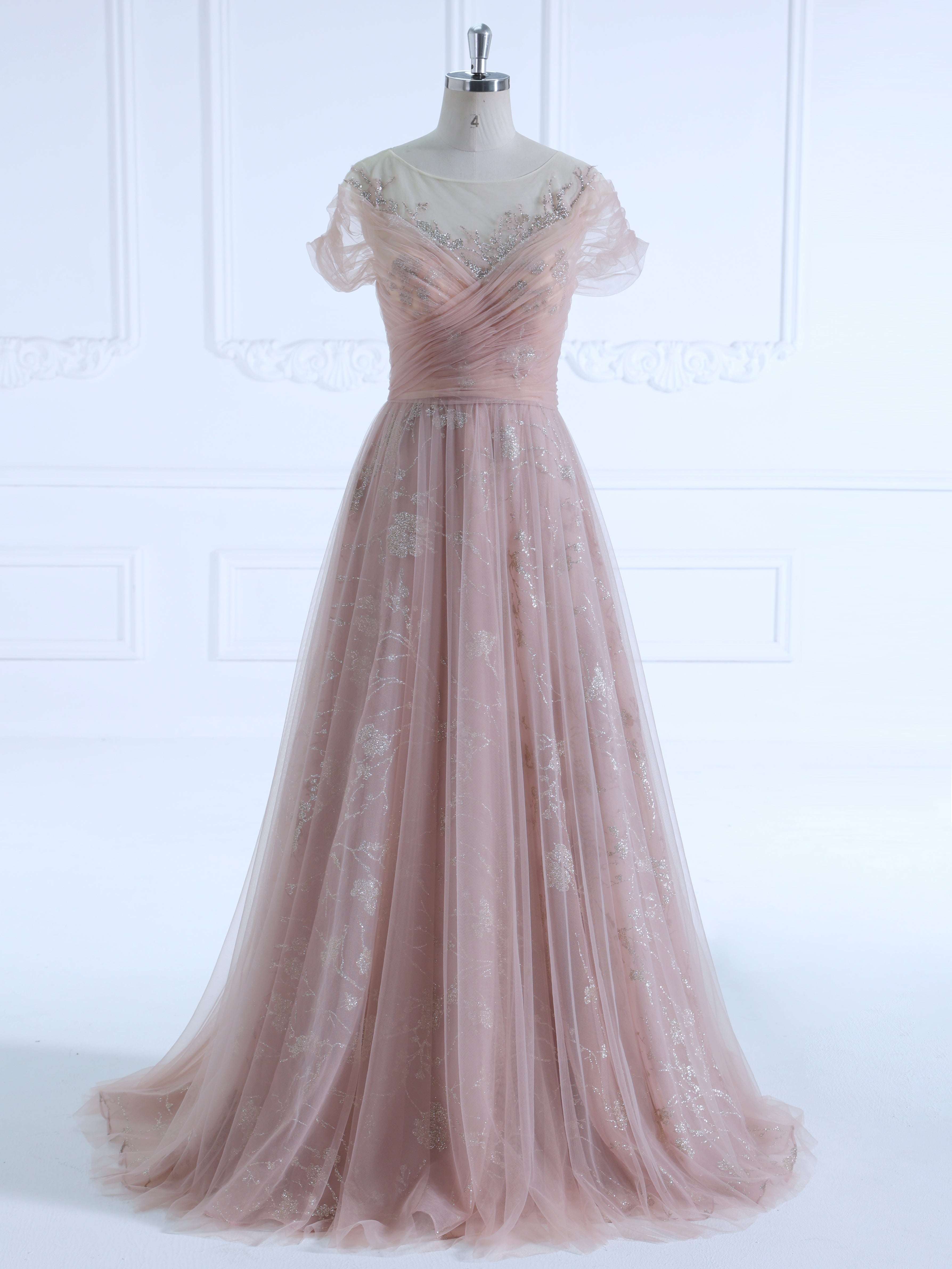 A Line illusion Round Neck Floor Length Tulle Prom Dresses With Glitter Pattern #16736