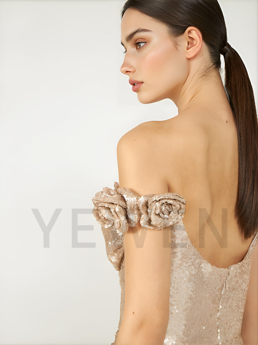 Champagne Sparkly Sequins Dress Above Knee Length Elegant Party Gown