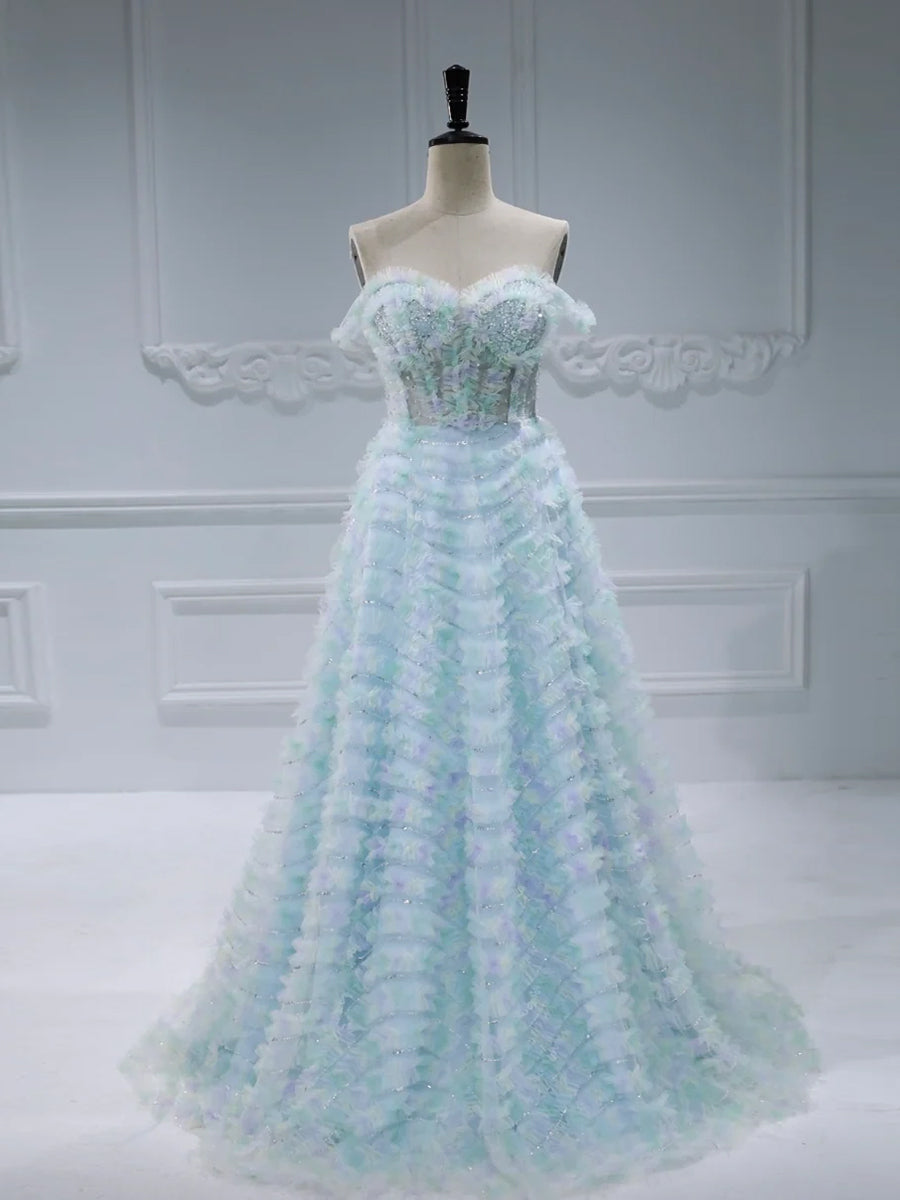 Elegant Gradient Color Tulle Corset Top Ruffles Prom Dress Photography Gown #0328