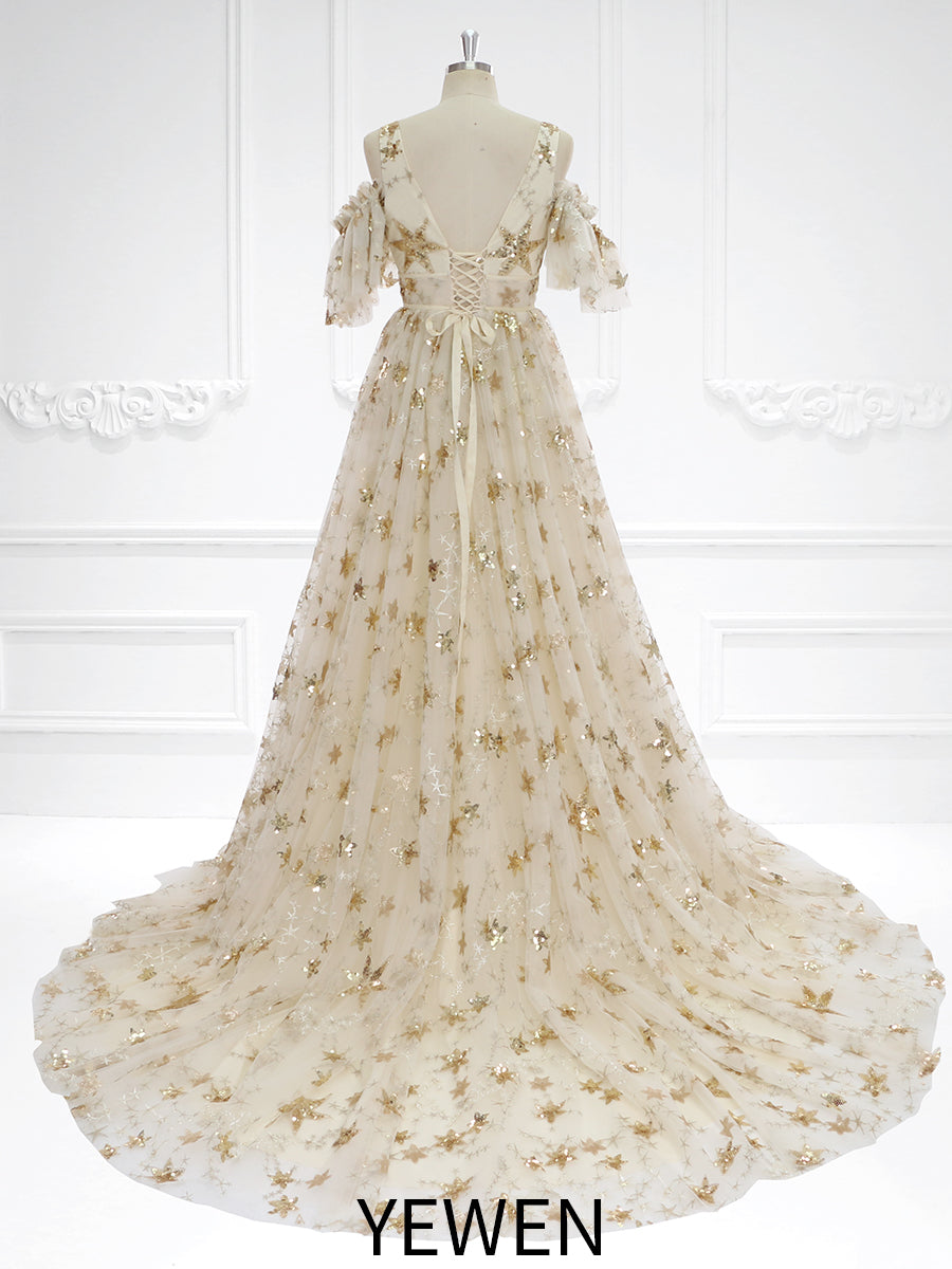 V-Neck Sequin Star Champagne Color Wedding Dress Elegant Ladies Beach Ball Dress 60cm Train YW240073