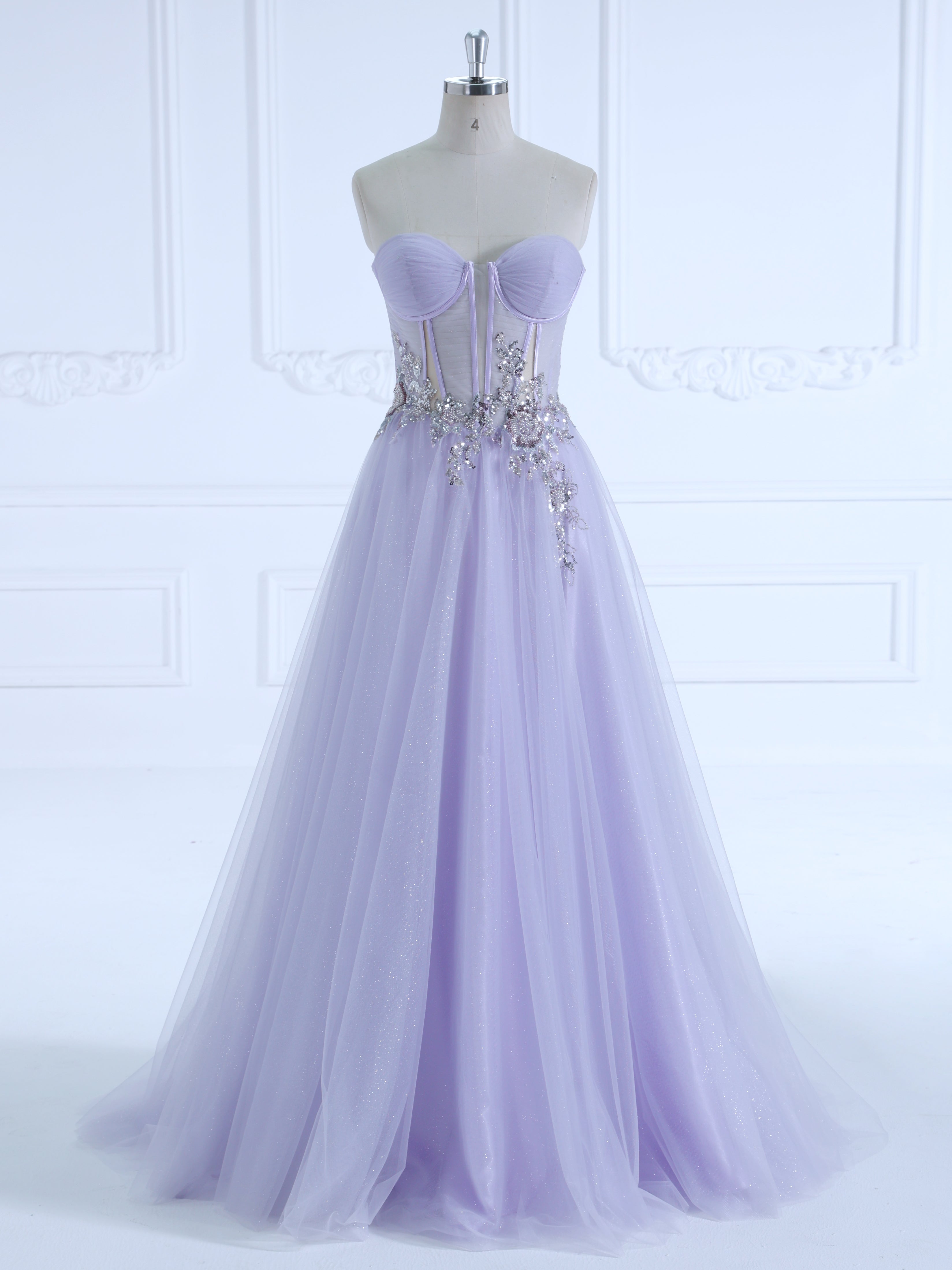 A-line Off the Shoulder Floor-Length Light Purple Prom Dresses With Sequins Beads  #18465