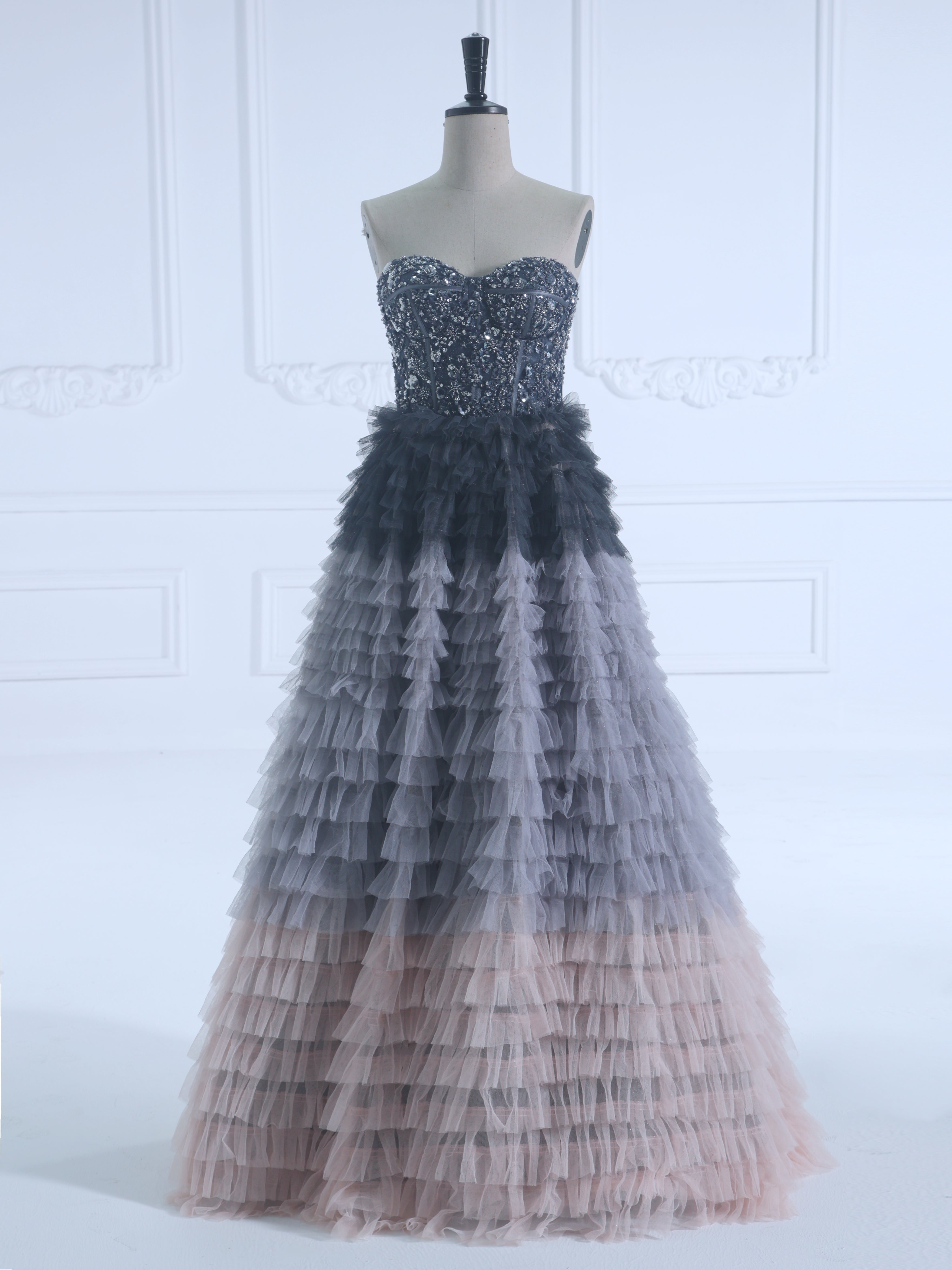 Ball-Gown Princess Sweetheart Floor-Length Tulle Prom Dresses With Beading Sequins #18560
