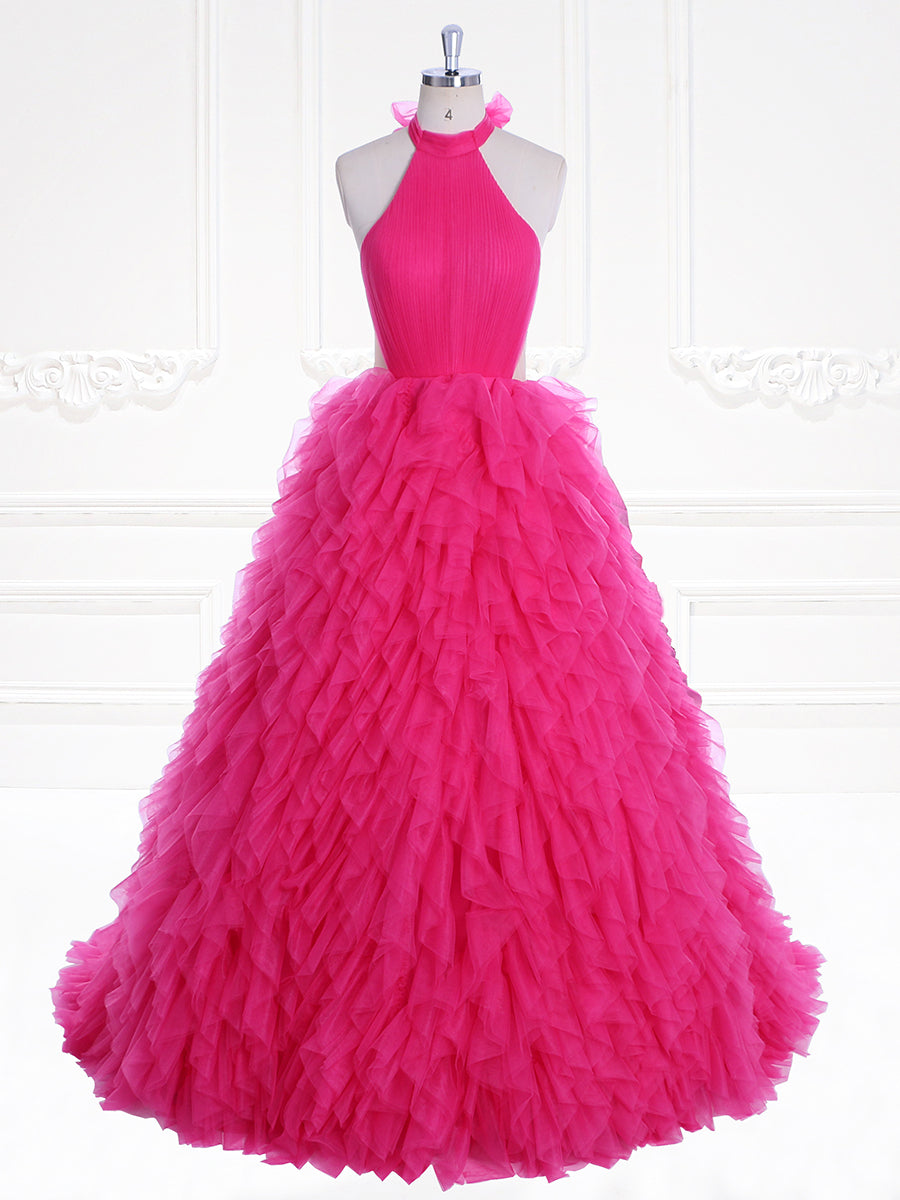 High Neck Tulle Ruffles Prom Gown Colored Wedding Dresses YW230729