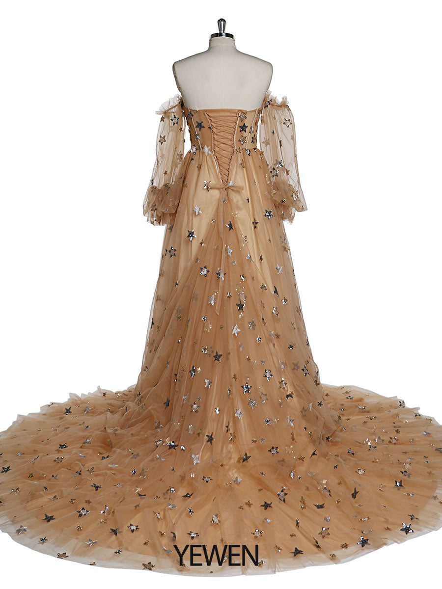 Sparkle Stars Evening Dress Long Detachable Sleeves Formal Party Dress Photo Shoot Dress Plus Size YW220311