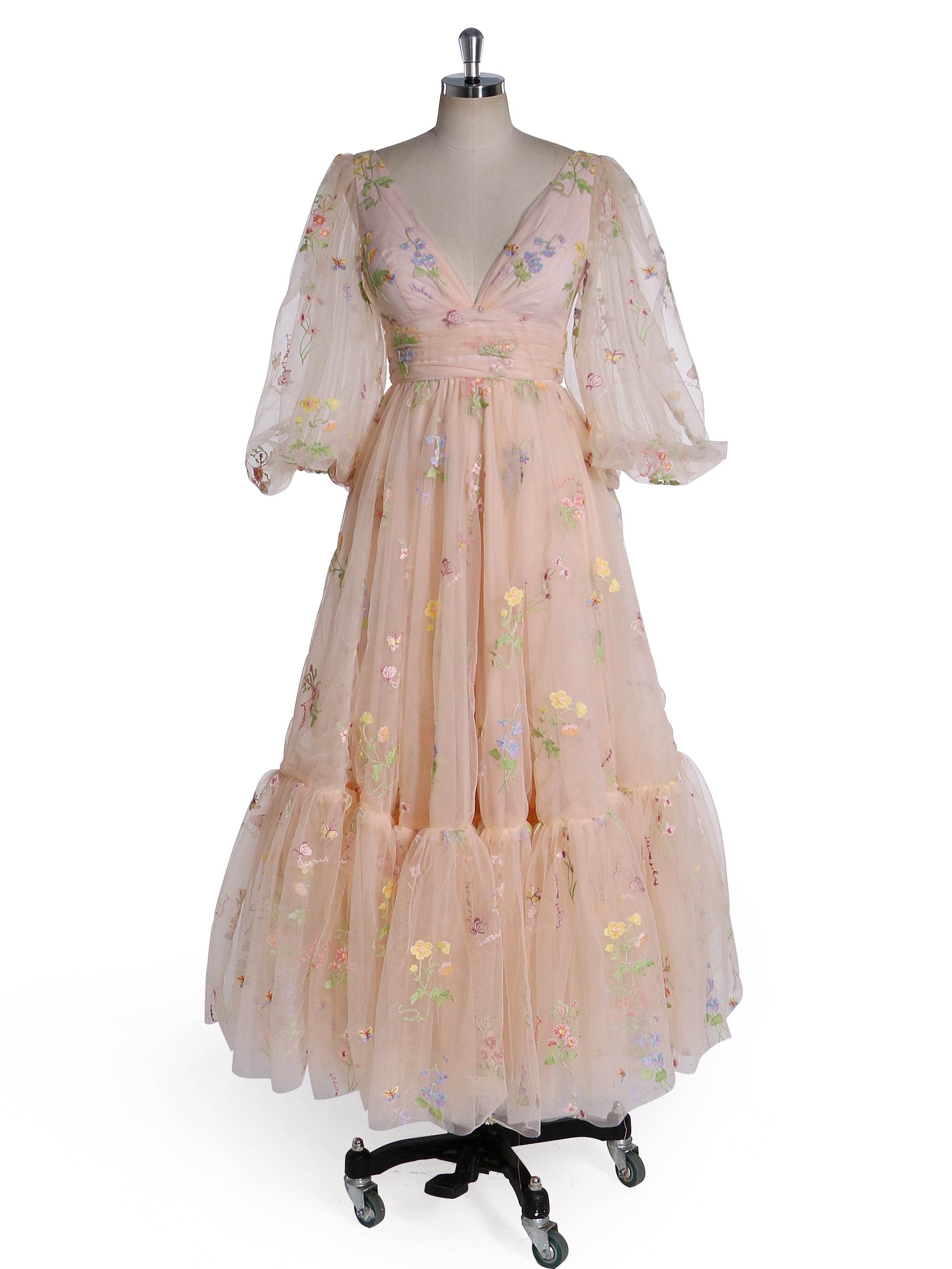 V-Neck Embroidery Tulle Puffy Sleeves Tea Party Dresses YEWEN YW231050