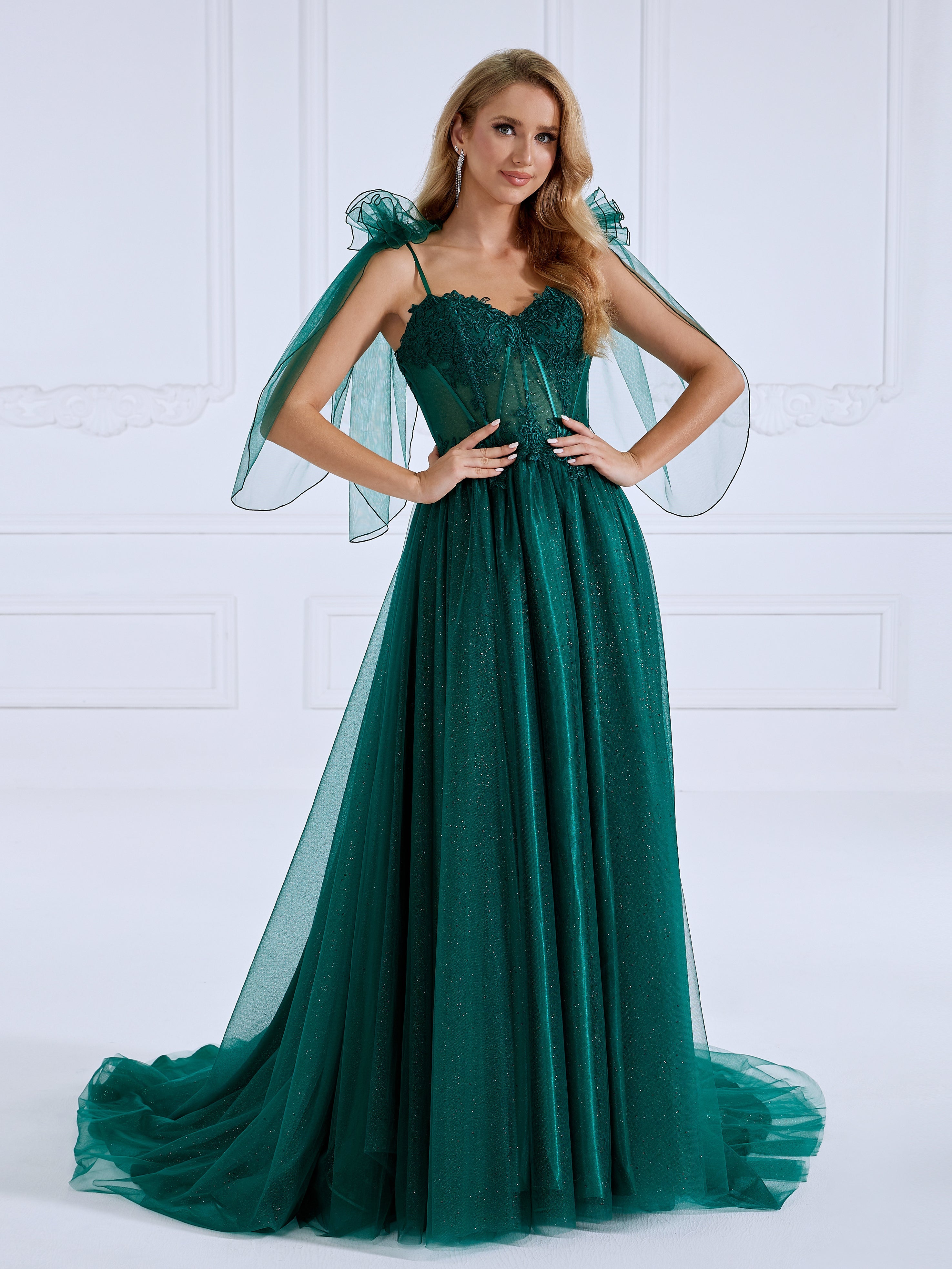 A Line Sweetheart Sweep Train Green Evening Dresses Photo Shoot Gown #0406