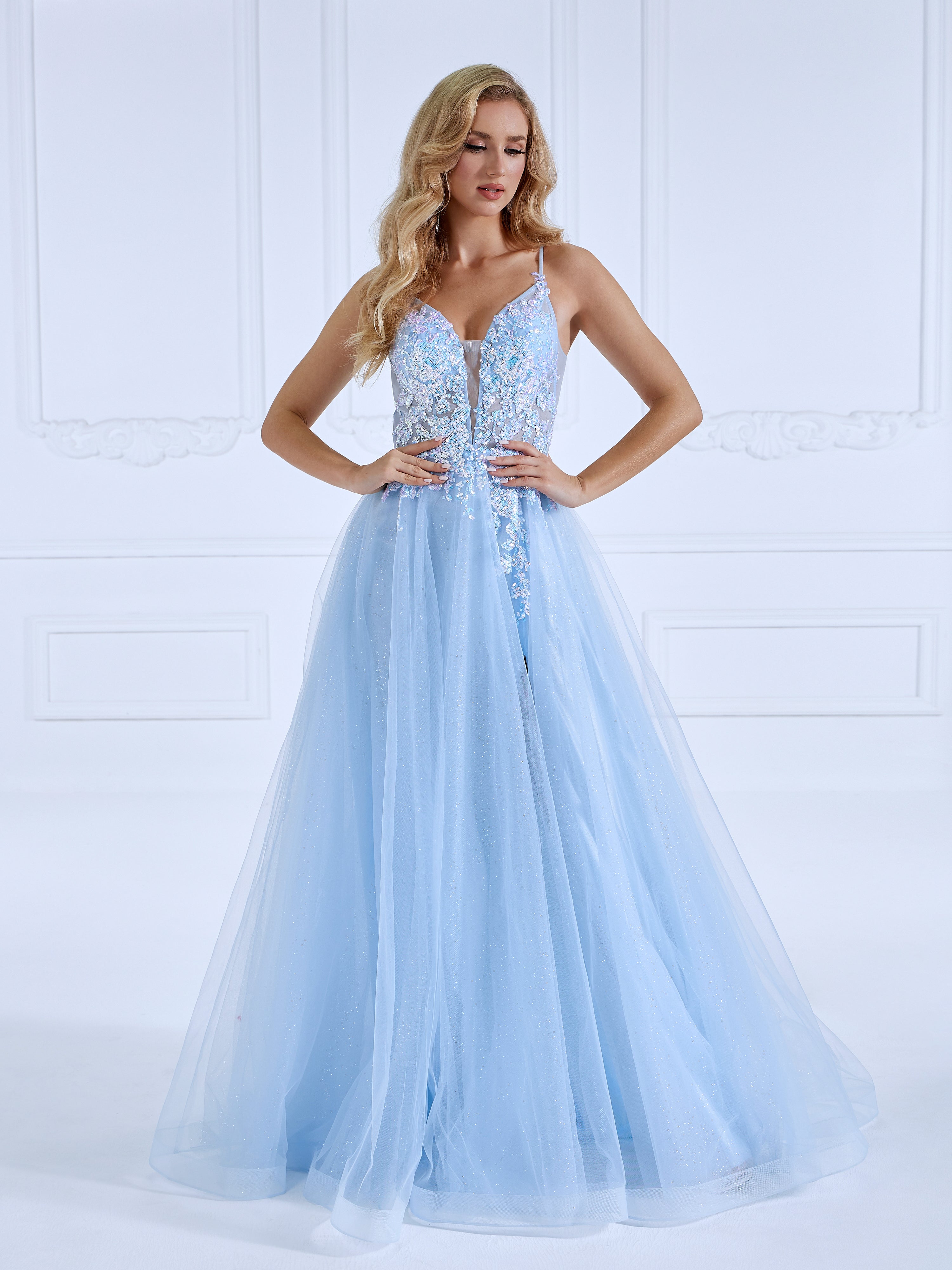 A-line V Neck Floor-Length Light Blue Prom Dresses with Sequins #18609