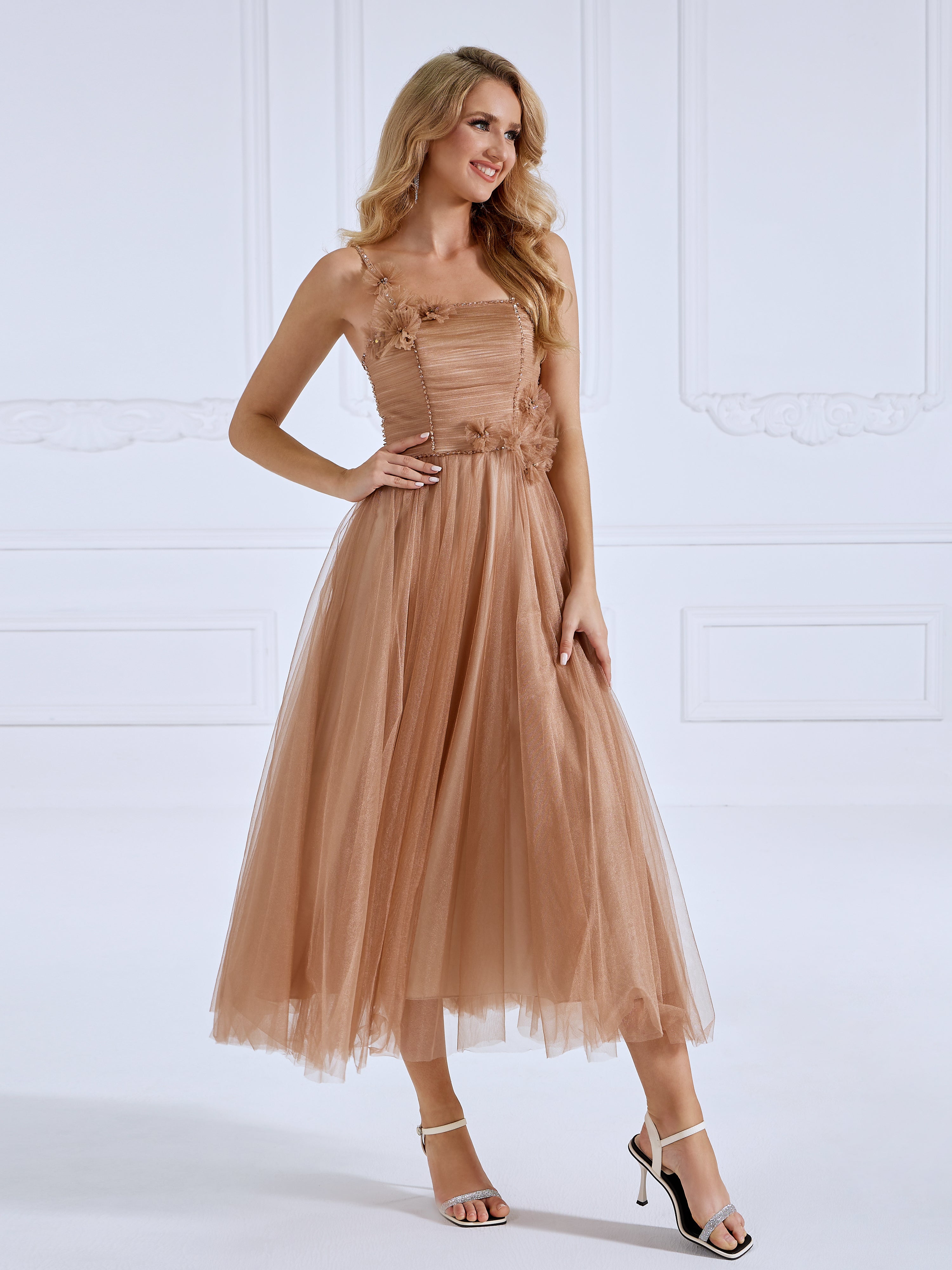 Spaghetti Strap Glitter Mesh Ankle Length Prom Ball Gown #0325