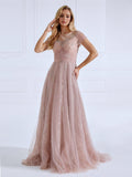 A Line illusion Round Neck Floor Length Tulle Prom Dresses With Glitter Pattern #16736