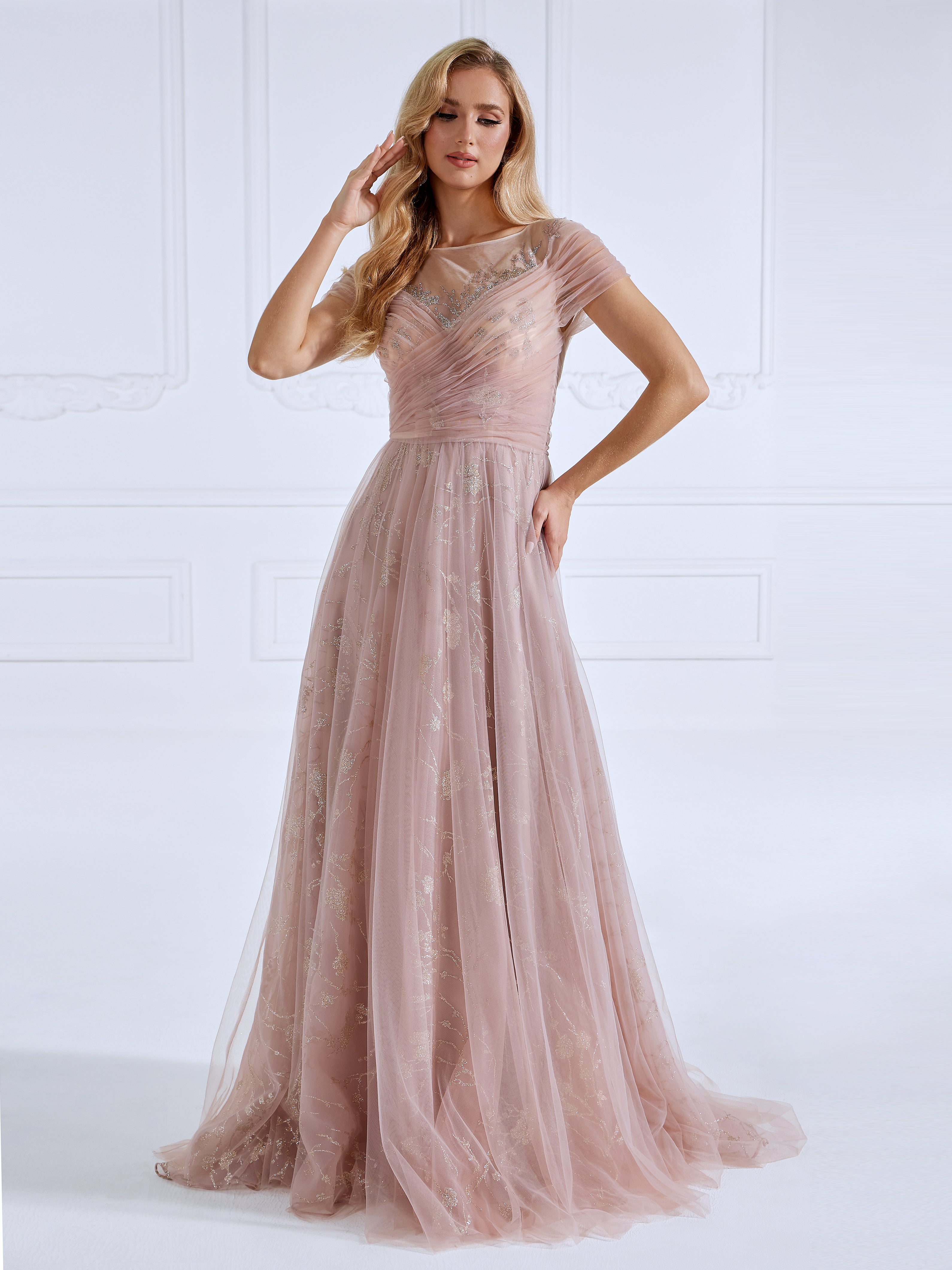 A Line illusion Round Neck Floor Length Tulle Prom Dresses With Glitter Pattern #16736