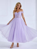 A-line Off the Shoulder Tulle Prom Dresses Ankle Length #16805