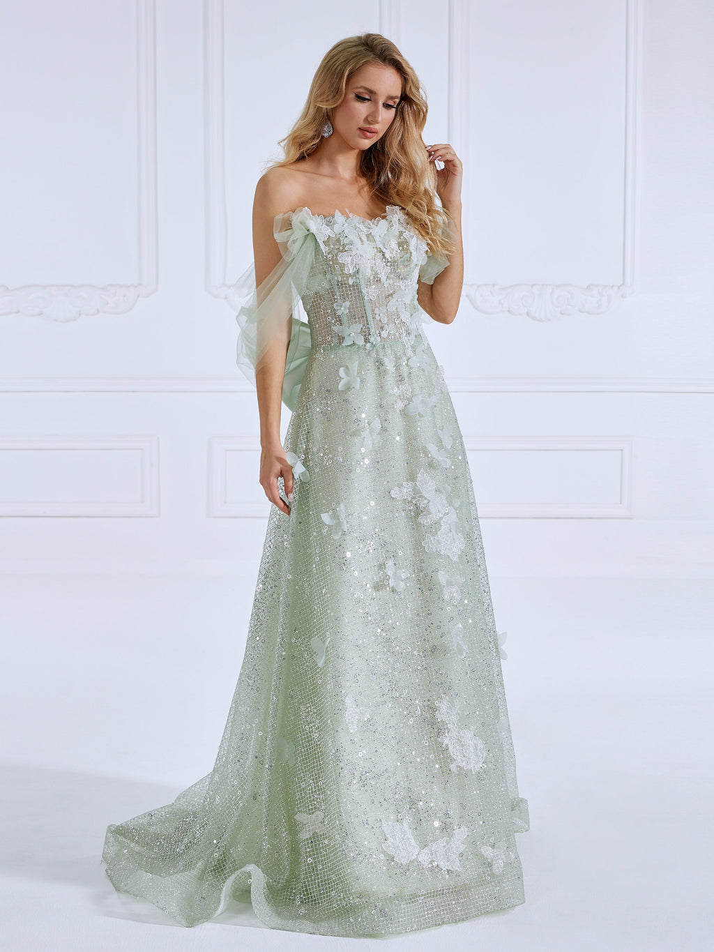 A Line Prom Dresses Sparkle Mesh appliques Off The Shoulder Evening Dress #19032