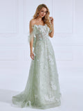 A Line Prom Dresses Sparkle Mesh appliques Off The Shoulder Evening Dress #19032