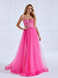 A-line Sweetheart Floor-Length Shinny Hot Pink Prom Dresses with Crystals Belt #17582