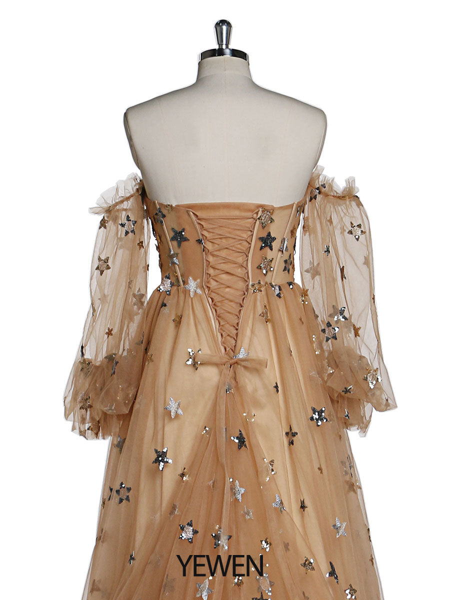 Sparkle Stars Evening Dress Long Detachable Sleeves Formal Party Dress Photo Shoot Dress Plus Size YW220311