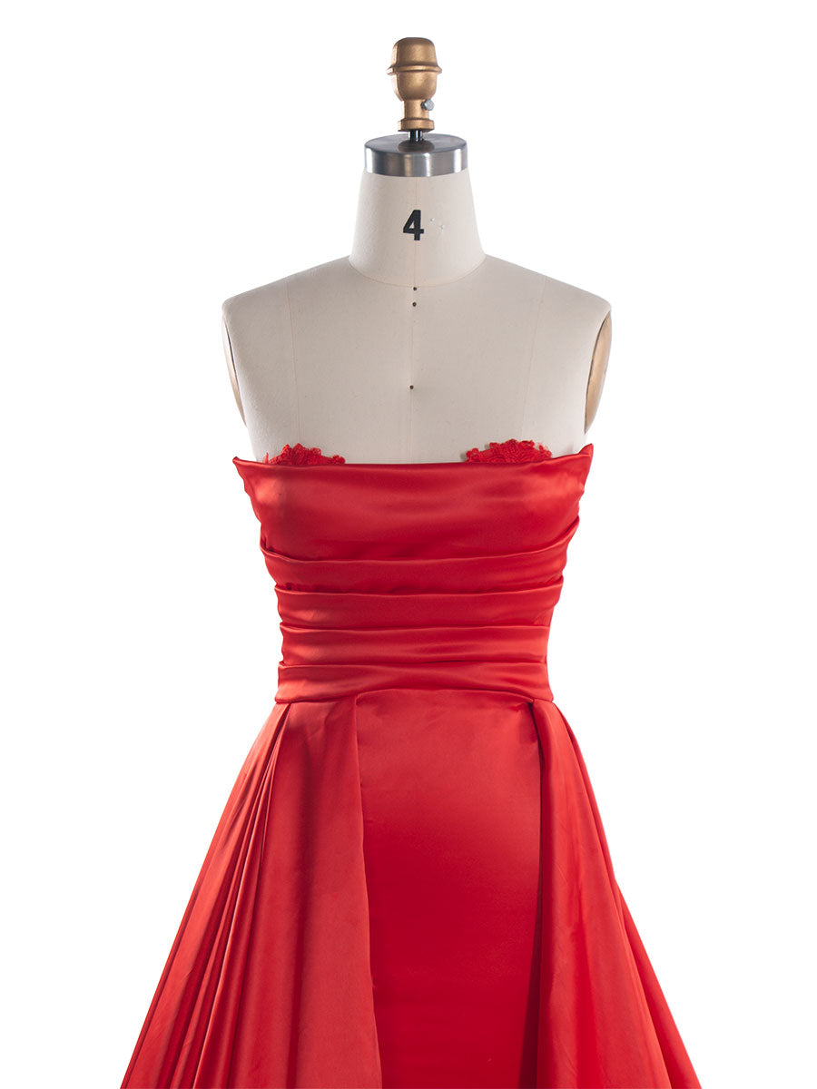 Modern A-Line Off Shoulder Red Satin Ball Gown  Bride Party Gown With Pleats YW240112