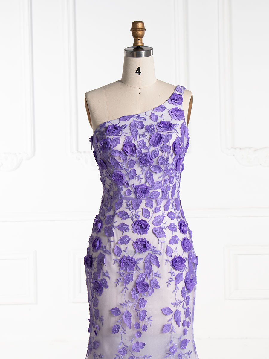Mermaid One Shoulder Purple Embroidery Lace Prom Dresses YE3007