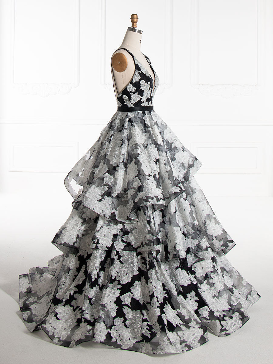 Princess V-Neck Floor-Length Black Printed Layered Prom Dresses YE3001
