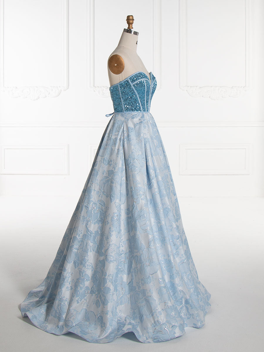 Elegant Sweetheart Blue Sequin Corset Top Jacquard Long Prom Dress YE3011
