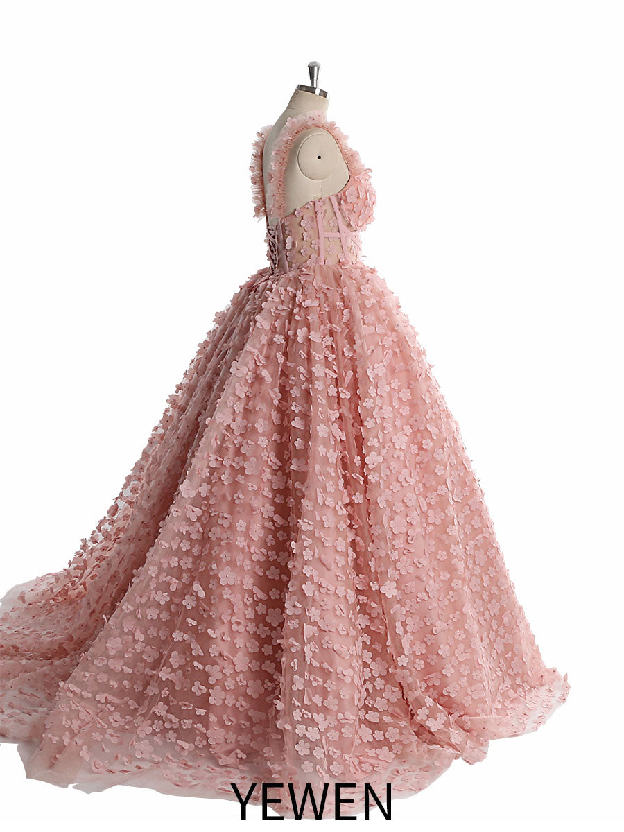 3D Flower Pink Flower Colord Wedding Dress Long Formal Dress Photo Shoot Dress YW221103